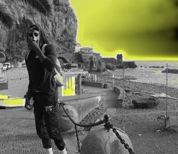 A person standing on the beach with a dog.
