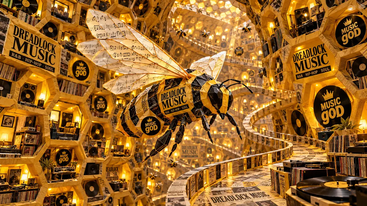 A sound-inspired, honeycomb world where records and paper elements become architecture
