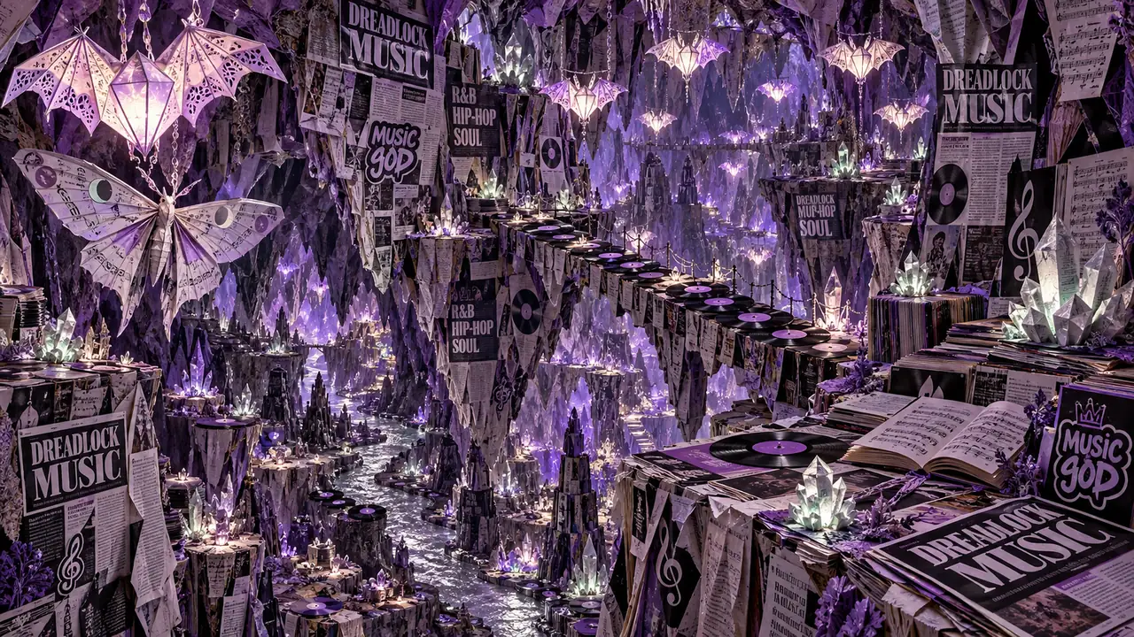 A glowing violet cavern formed from layered, sculptural paper and music imagery