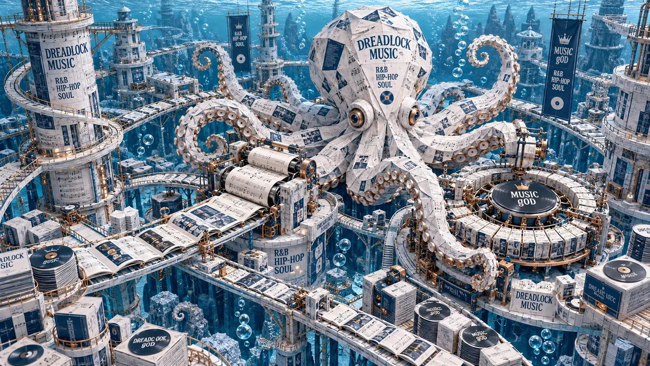 A surreal octopus in a world of architectural plans and paper inventions