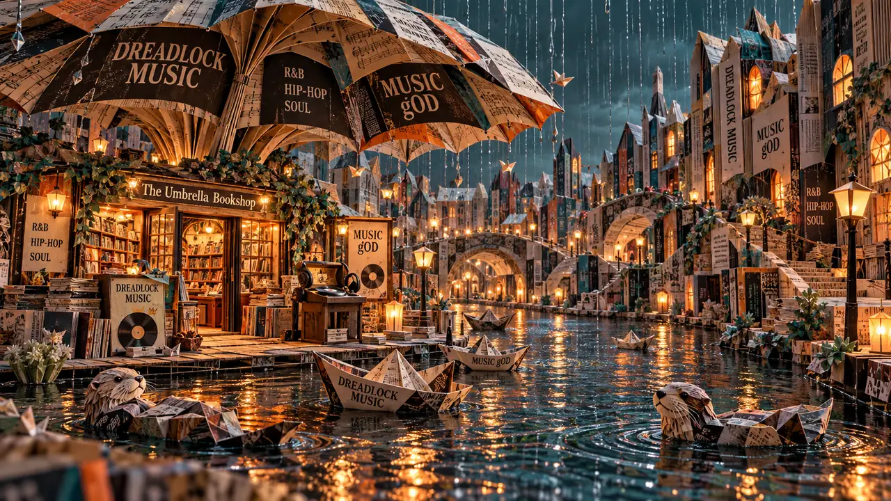 A fanciful bookshop scene shaped from printed pages, paper rain and umbrellas