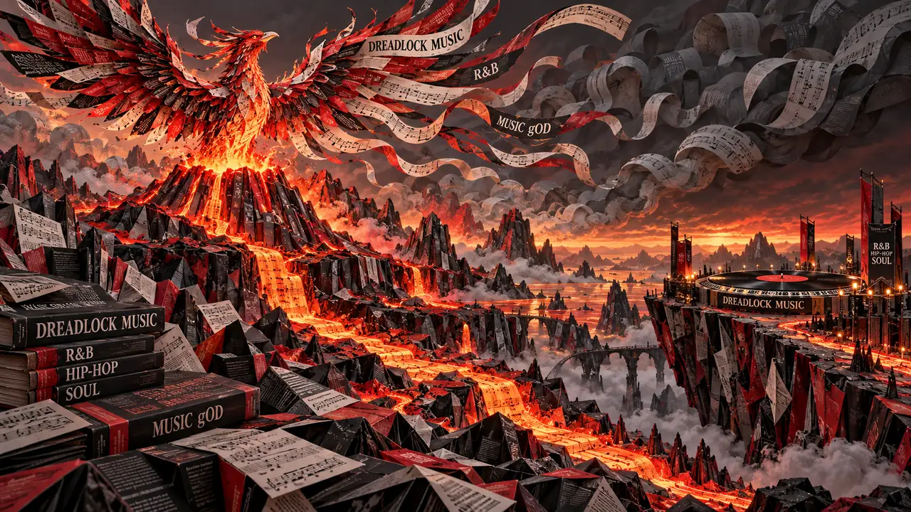 A dramatic red volcanic landscape cut and assembled from printed collage