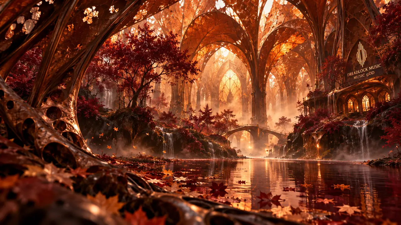 A surreal cathedral imagined from copper foliage and fall colors