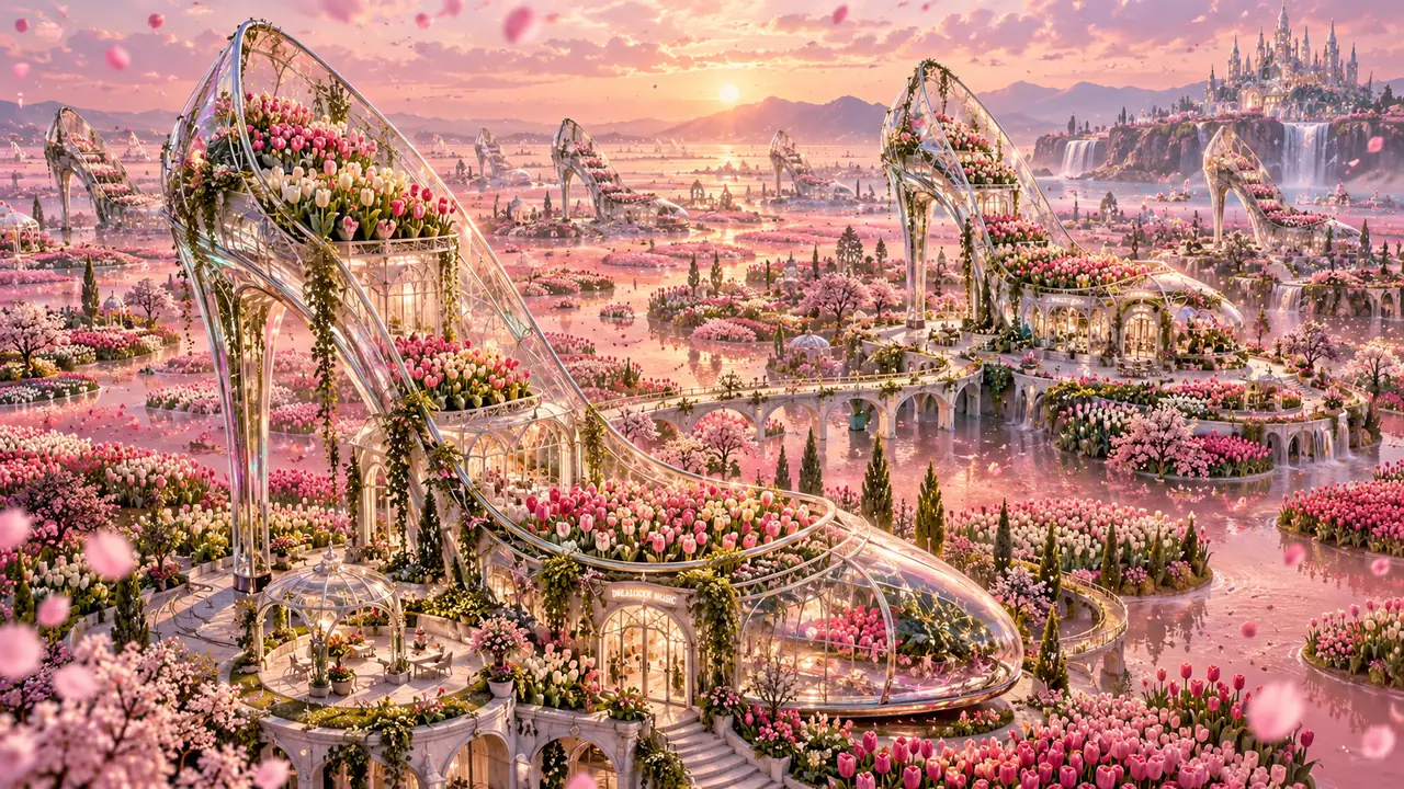Blooming glass-shoe tulip gardens and impossible spring architecture