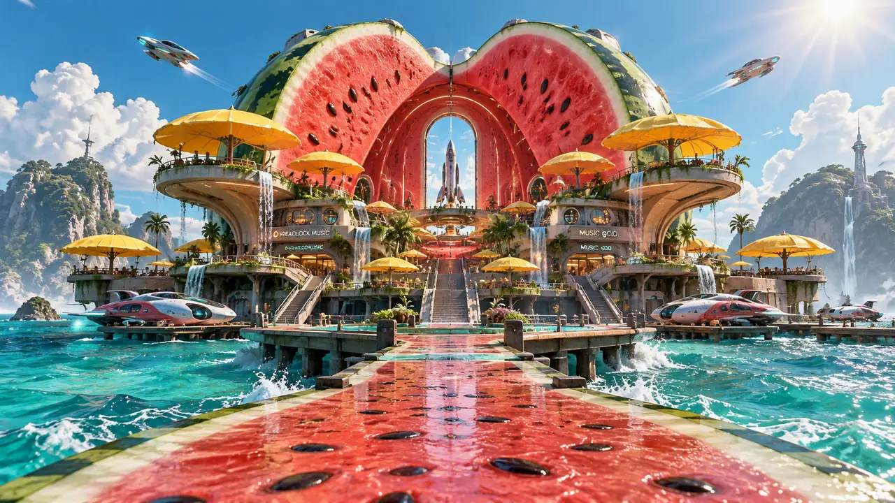 A sun-drenched watermelon-built port for strange cosmic journeys